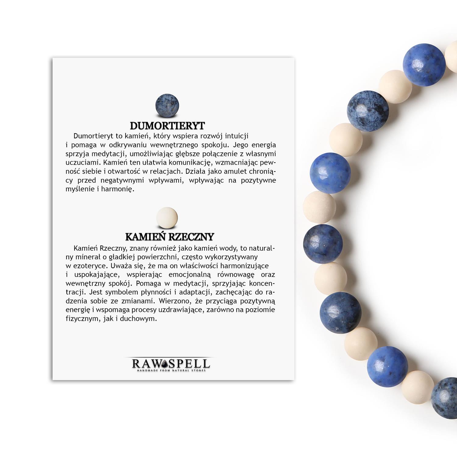 Naturalna bransoletka na gumce z kolekcji Mijaha - dumortieryt i kamień rzeczny, dla każdej osoby Bransoletka Mijaha z kamieni naturalnych: dumortieryt i kamień rzeczny, dla kobiet i mężczyzn.