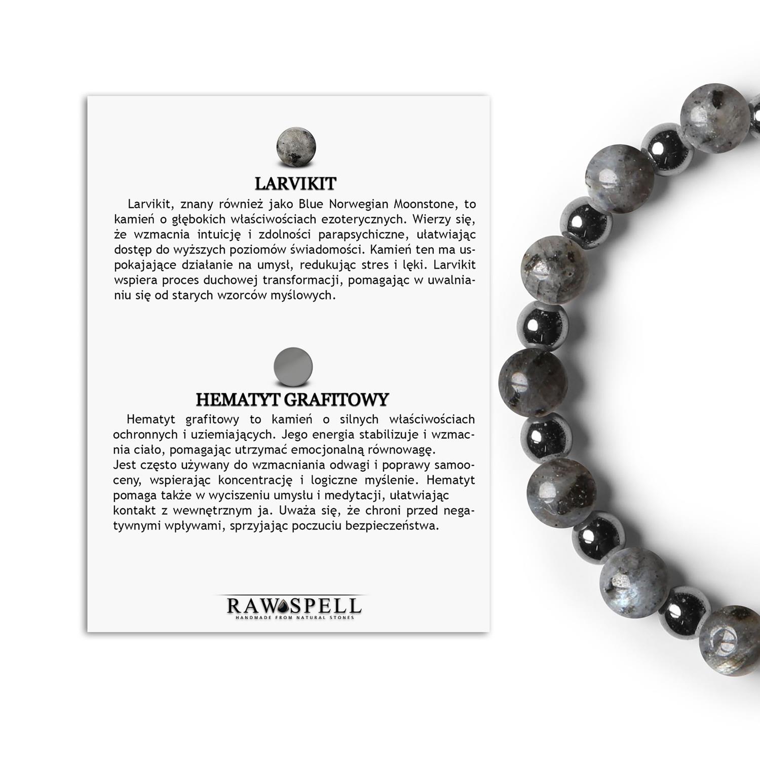 Naturalna bransoletka na gumce z kolekcji Mijaha - larvikit oraz hematyt grafitowy dla kobiet i mężczyzn Biżuteria z larvikitu i hematytu grafitowego z kolekcji Mijaha, idealna dla kobiet i mężczyzn.