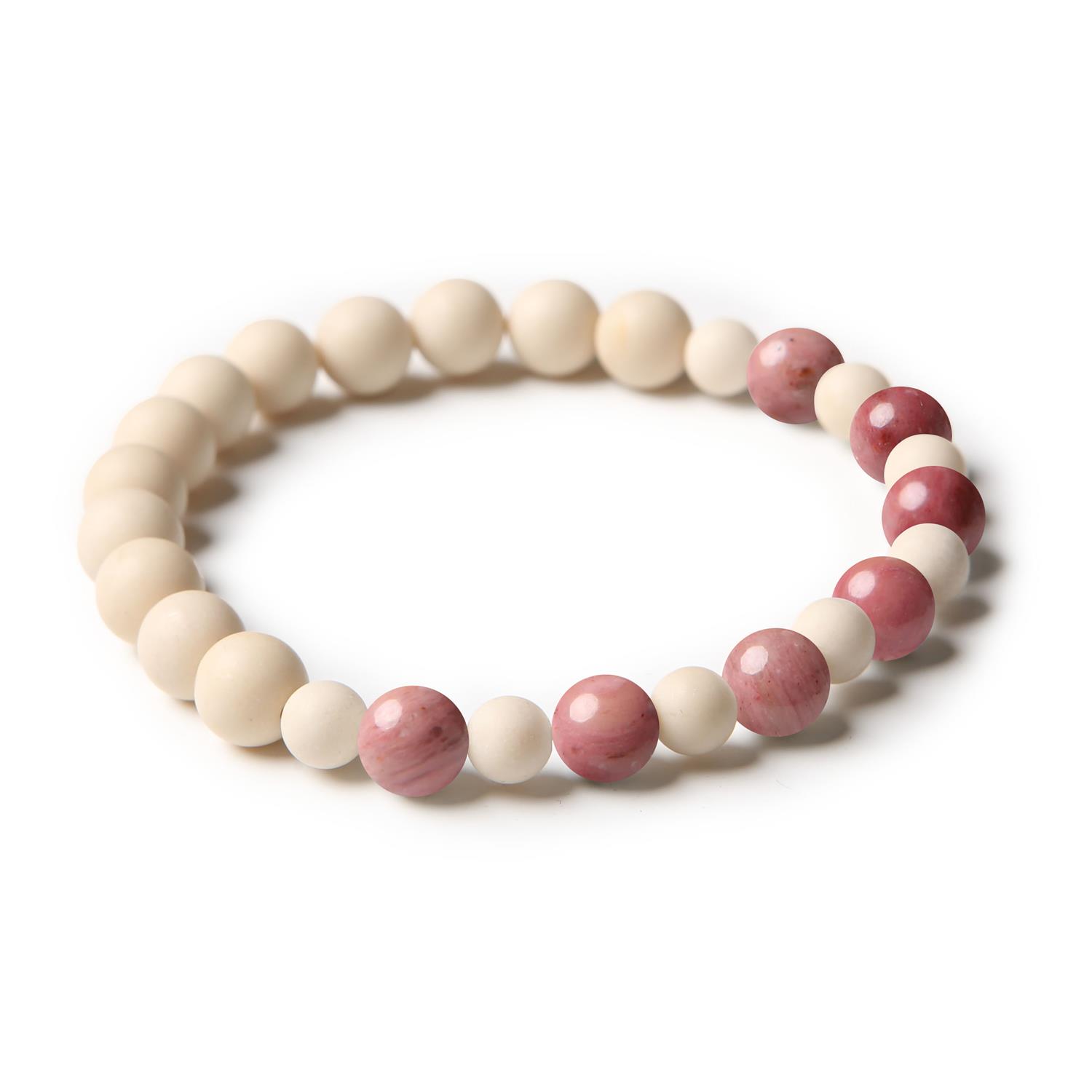 Bransoletka Mijaha z naturalnymi kamieniami - różowy rodonit i kamień rzeczny, idealna dla kobiet i mężczyzn.
