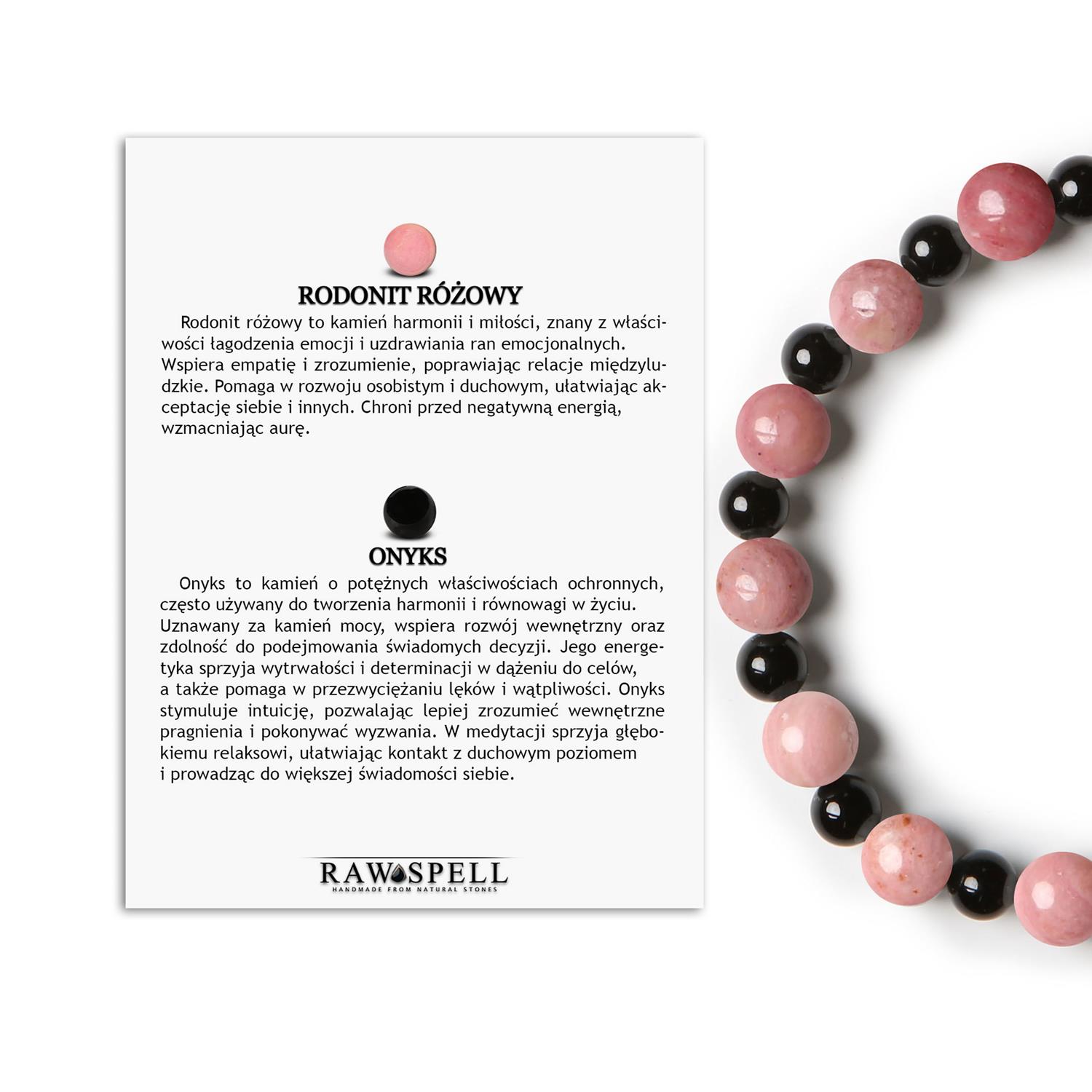 Naturalne kamienie w bransoletce Mijaha - Rodonit Różowy i Onyks, unisex Bransoletka z kamieni naturalnych na gumce z kolekcji Mijaha - Rodonit Różowy, Onyks dla kobiet i mężczyzn