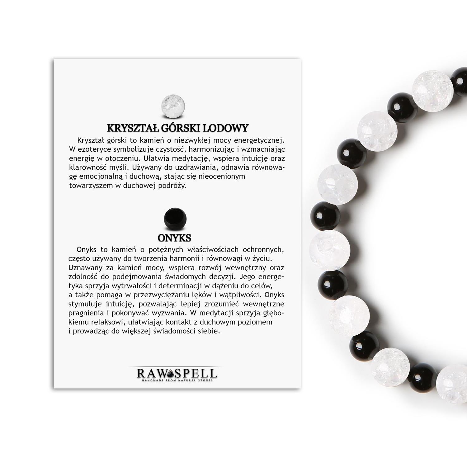 Naturalne kamienie w bransoletce Mijaha – Kryształ Górski Lodowy i Onyks na gumce, dedykowana Kobietom i Mę Kolekcja Mijaha: Bransoletka z kryształem górskim lodowym i onyksu na gumce, dla kobiet i mężczyzn