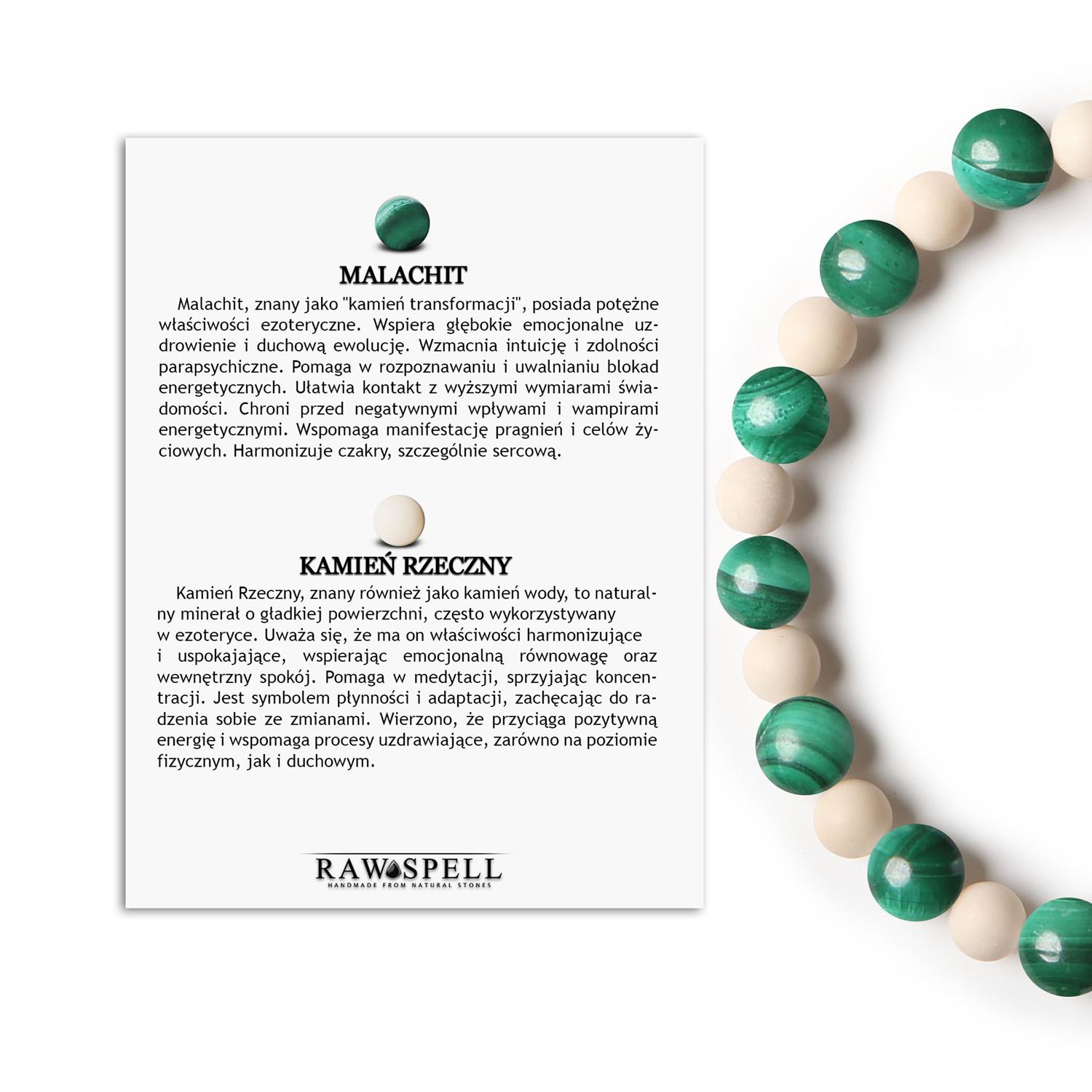 Naturalne kamienie w bransoletce na gumce z kolekcji Mijaha - malachit oraz kamień rzeczny dla kobiet i mężczyzn Bransoletka z kolekcji Mijaha z naturalnymi kamieniami: malachit i kamień rzeczny, idealna dla kobiet i mężczyzn.