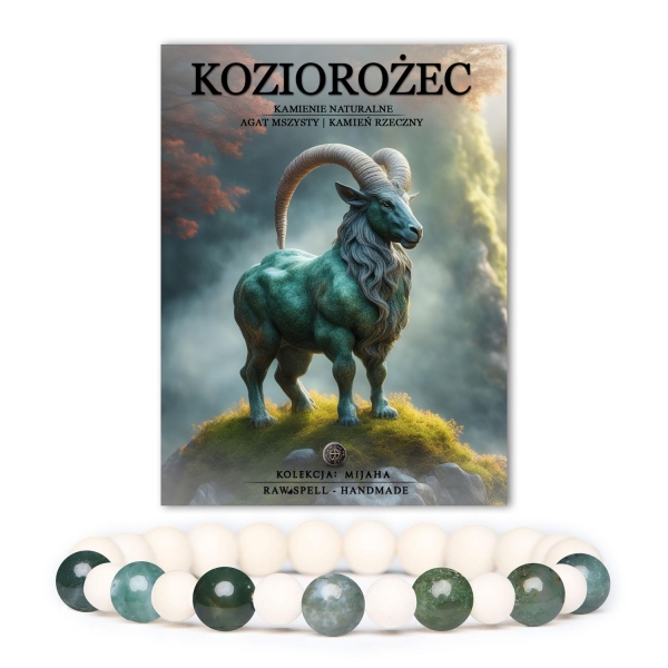 Bransoletka na gumce z kamieni naturalnych w odcieniach zieleni i szarości, inspirowana znakiem zodiaku Koziorożca. Idealna dla kobiet i mężczyzn.