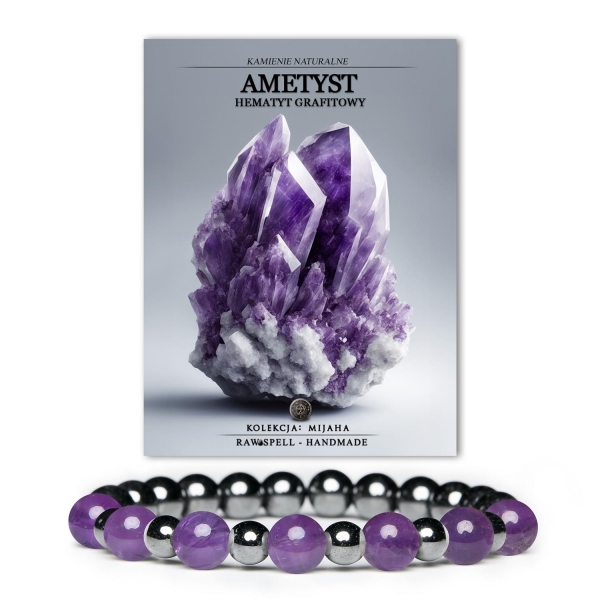 Stylowa bransoletka Mijaha z ametystu i hematytu grafitowego, unisex, doskonała dla każdego miłośnika biżuterii.