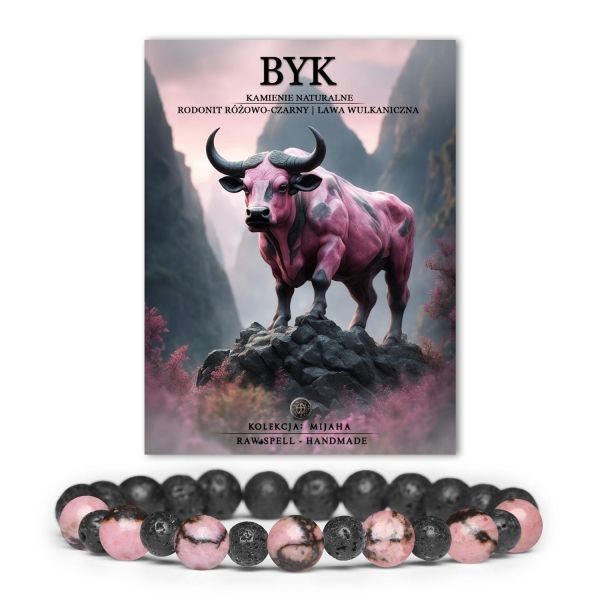 Bransoletka na gumce z kamieni naturalnych w kolorach różowo-czarnym rodonitu i lawy wulkanicznej, idealna dla Byków - zarówno damska, jak i męska.