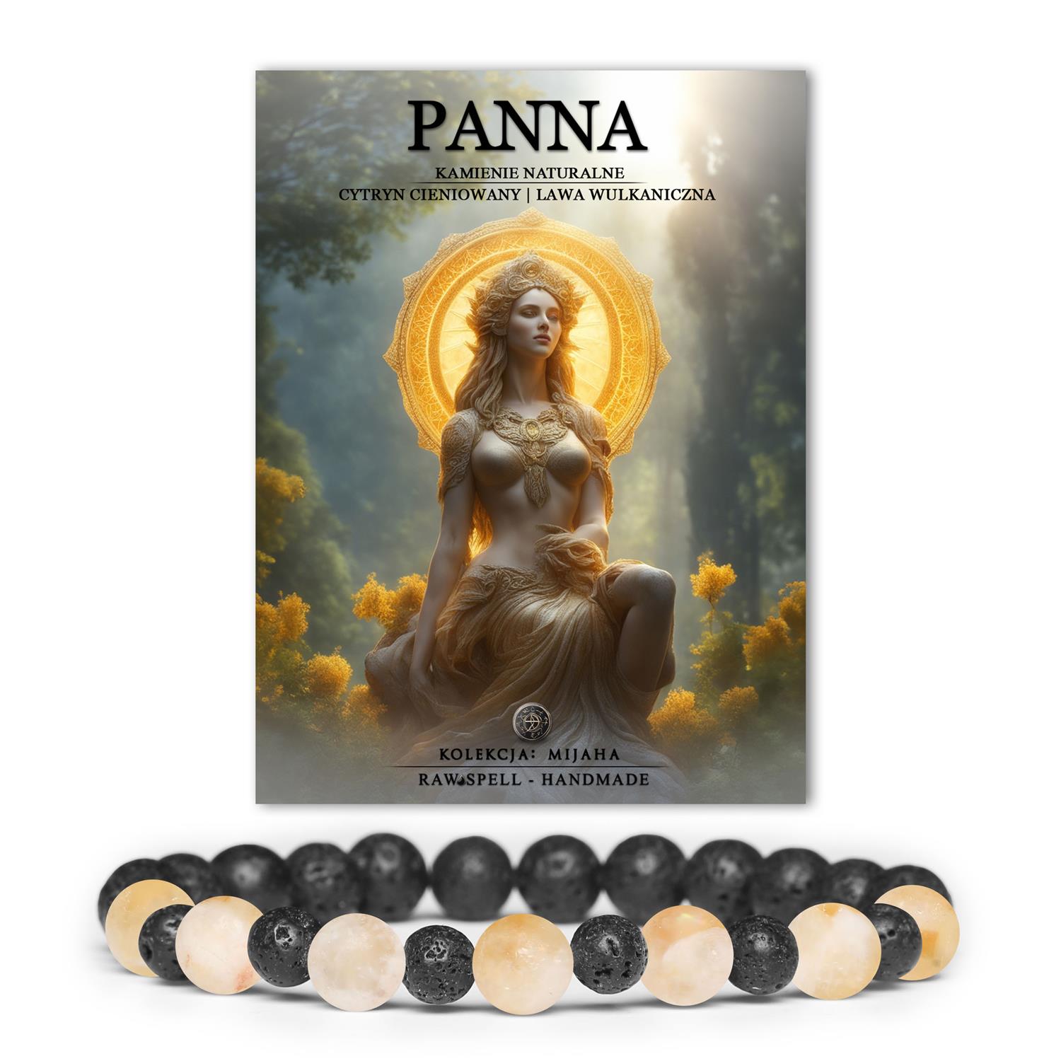 Elegancka bransoletka na gumce z naturalnych kamieni, w tym cytrynu cieniowanego i lawy wulkanicznej, dostępna dla kobiet i mężczyzn.