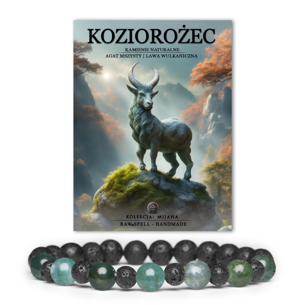 Stylowa bransoletka na gumce dla Koziorożca, wykonana z Agatu Mszystego i Lawy Wulkanicznej, dostęp Bransoletka na gumce z kamieni naturalnych - Koziorożec. Damska i męska wersja z Agatem Mszystym i Lawą Wulkaniczną.