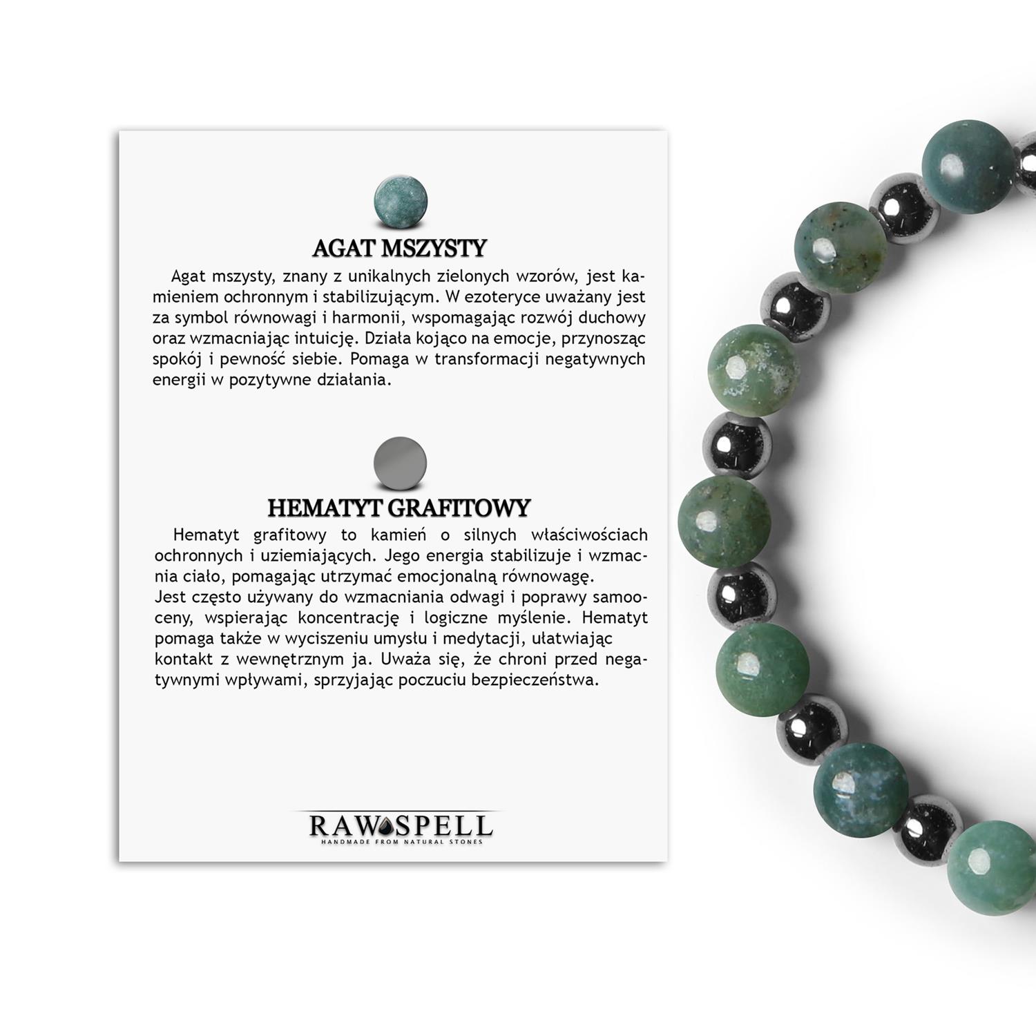 Stylowa bransoletka na gumce z Agatem Mszystym i Hematytem grafitowym, z kolekcji Mijaha dla kobie Wyjątkowe elementy biżuterii z Agatu Mszystego oraz Hematytu grafitowego – idealne dla każdej płci.