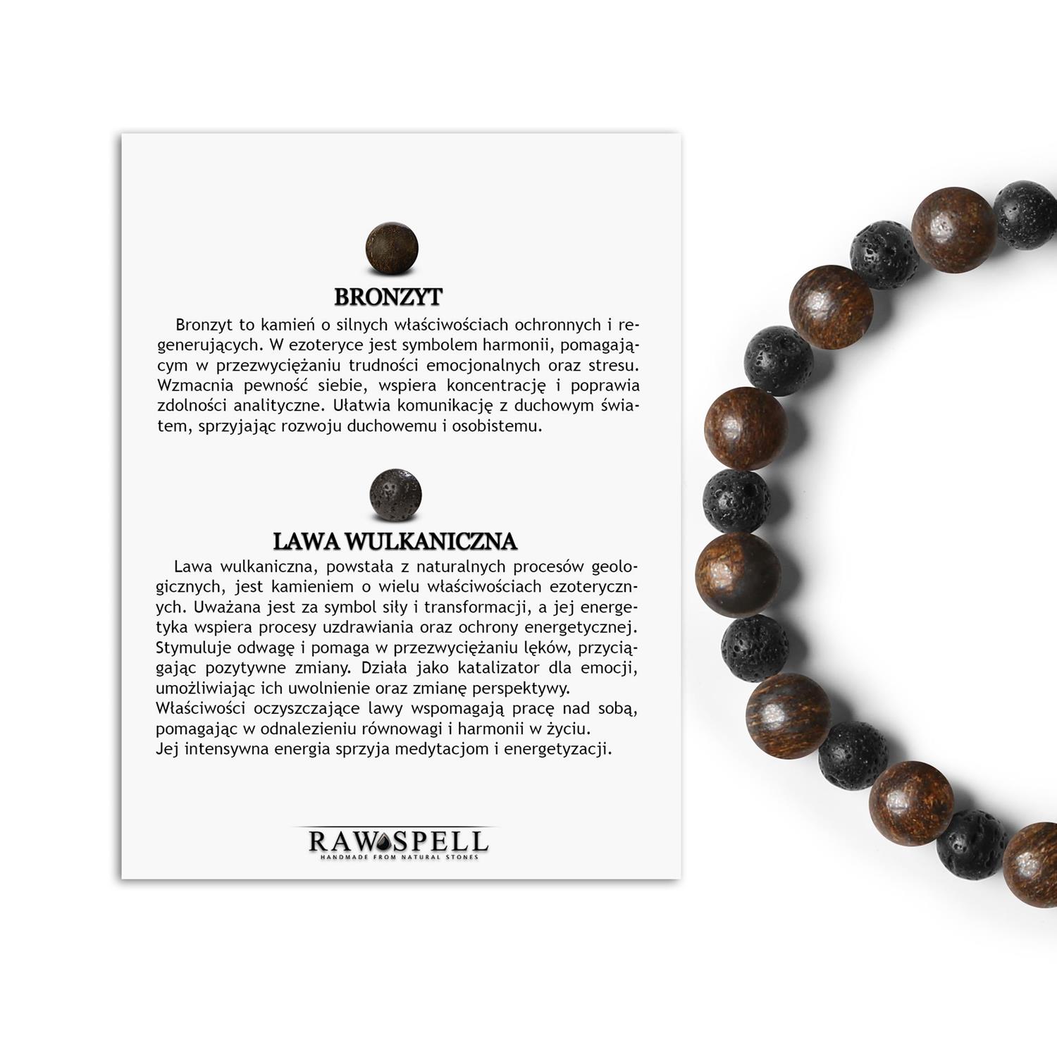 Stylowa bransoletka na gumce z kamieni naturalnych Mijaha - Bronzyt i Lawa Wulkaniczna dla kobiet i mężczyzn Bransoletka z kolekcji Mijaha wykonana z naturalnych kamieni: bronzyt i lawa wulkaniczna, idealna dla kobiet i mężczyzn.