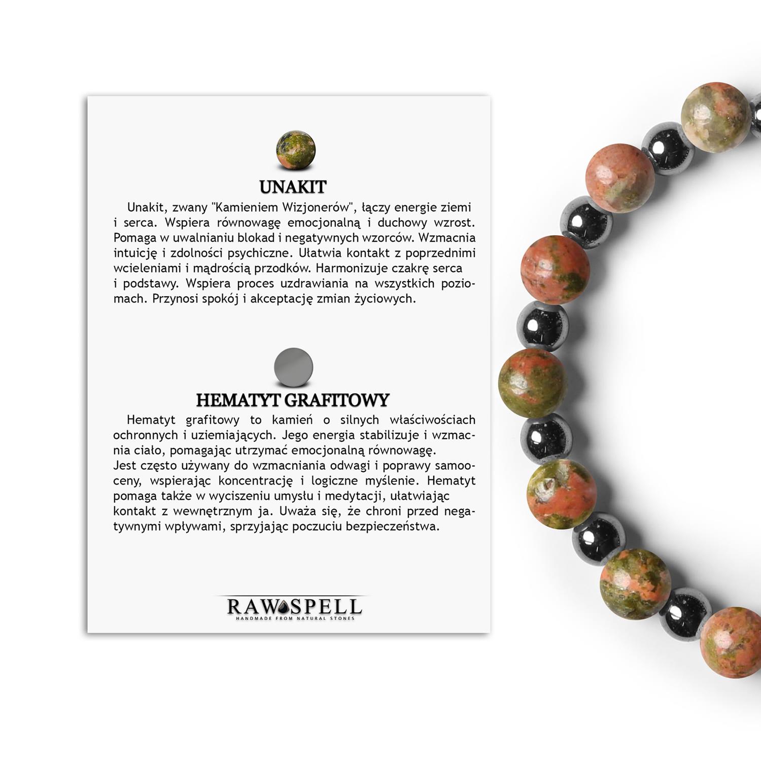 Stylowa bransoletka na gumce z kamieni naturalnych Mijaha - unakit i hematyt grafitowy dla kobiet i mężczyzn Biżuteria z unakitu i hematytu grafitowego z kolekcji Mijaha, elegancka i unisex, idealna dla kobiet i mężczyzn.