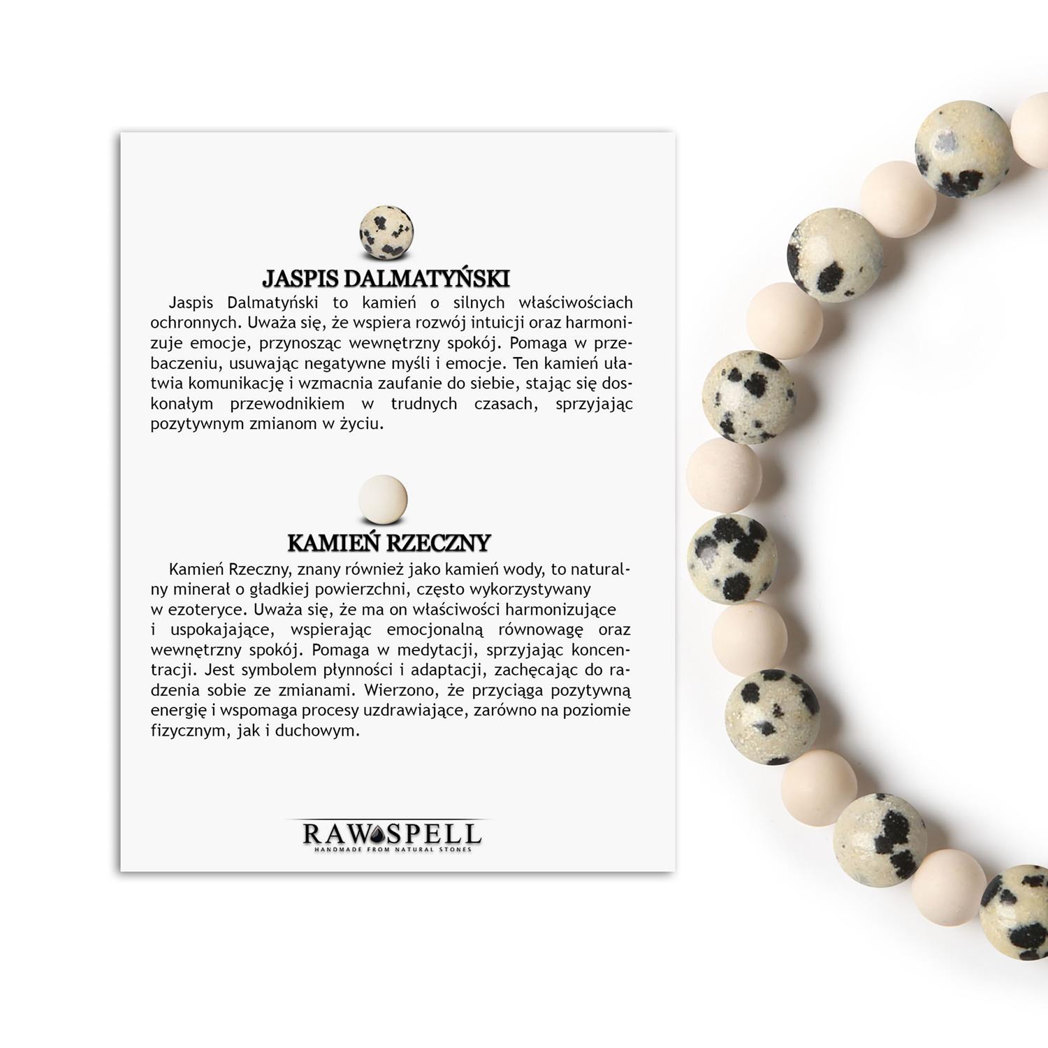 Stylowa bransoletka na gumce z naturalnych kamieni - Jaspis Dalmatyński i Kamień Rzeczny, dla kobiet i mężcz Bransoletka Mijaha z naturalnych kamieni: Jaspis Dalmatyński i Kamień Rzeczny. Elegancki dodatek dla kobiet i mężczyzn.