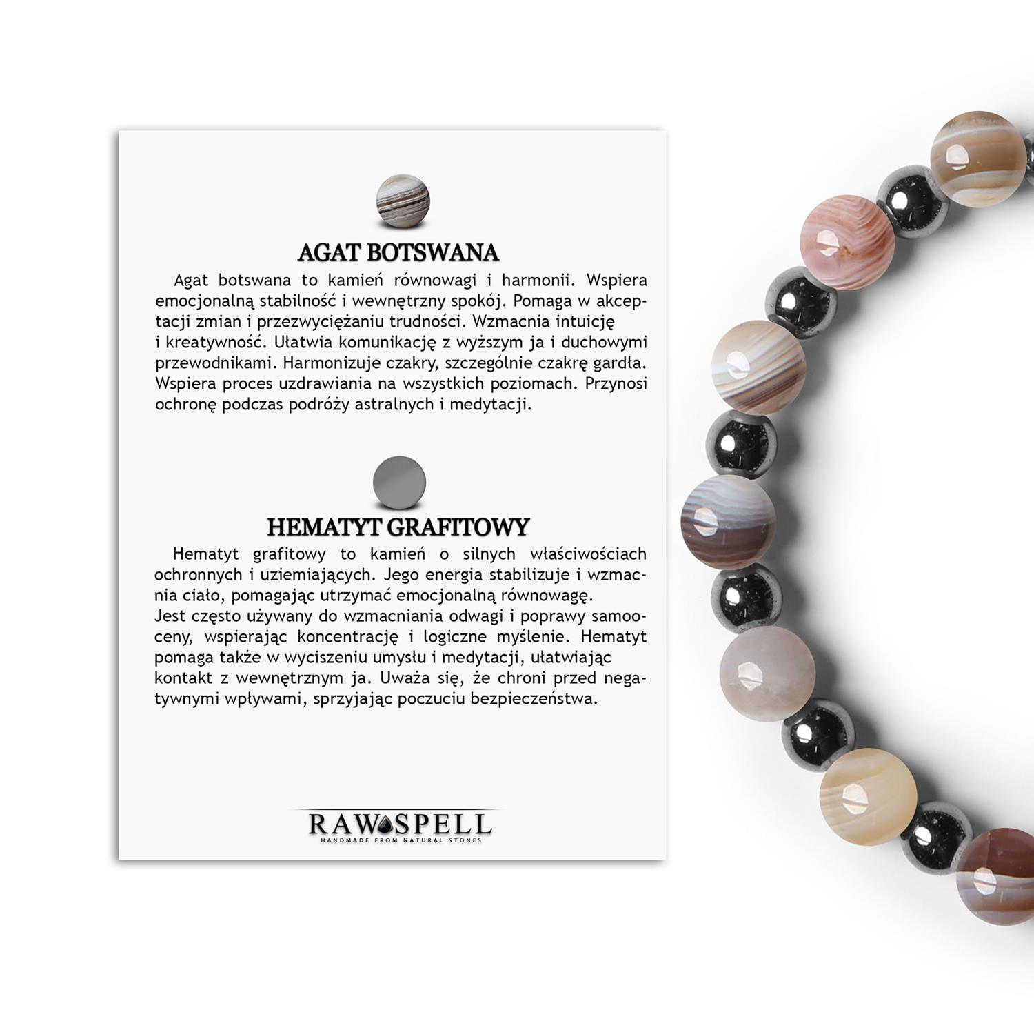 Stylowa bransoletka z Agatem Botswana i Hematytem grafitowym na gumce z kolekcji Mijaha, doskonała Elegancka biżuteria uniseks z Agatu Botswana i Hematytu grafitowego, kolekcja Mijaha.