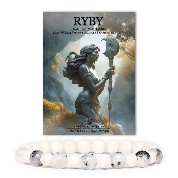 Stylowa bransoletka na gumce z Kamieniem Księżycowym Łaciatym oraz Kamieniem Rzecznym, stworzona z myślą o znaku zodiaku Ryby.
