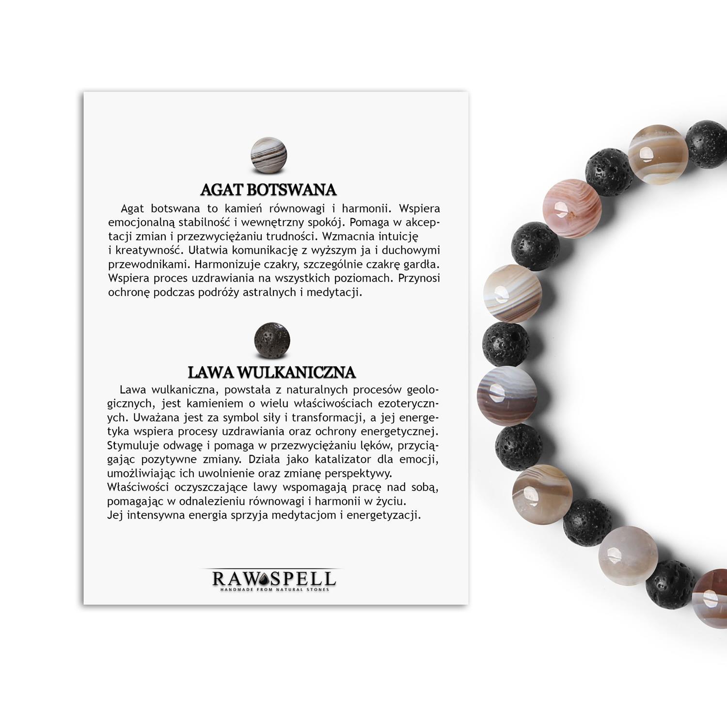 Stylowa bransoletka z Mijaha z Agatu Botswana i Lawy Wulkanicznej, na gumce dla Kobiet i Mężczyzn Bransoletka z kolekcji Mijaha z naturalnych kamieni: Agat Botswana i Lawa Wulkaniczna, perfekcyjna dla obu płci.