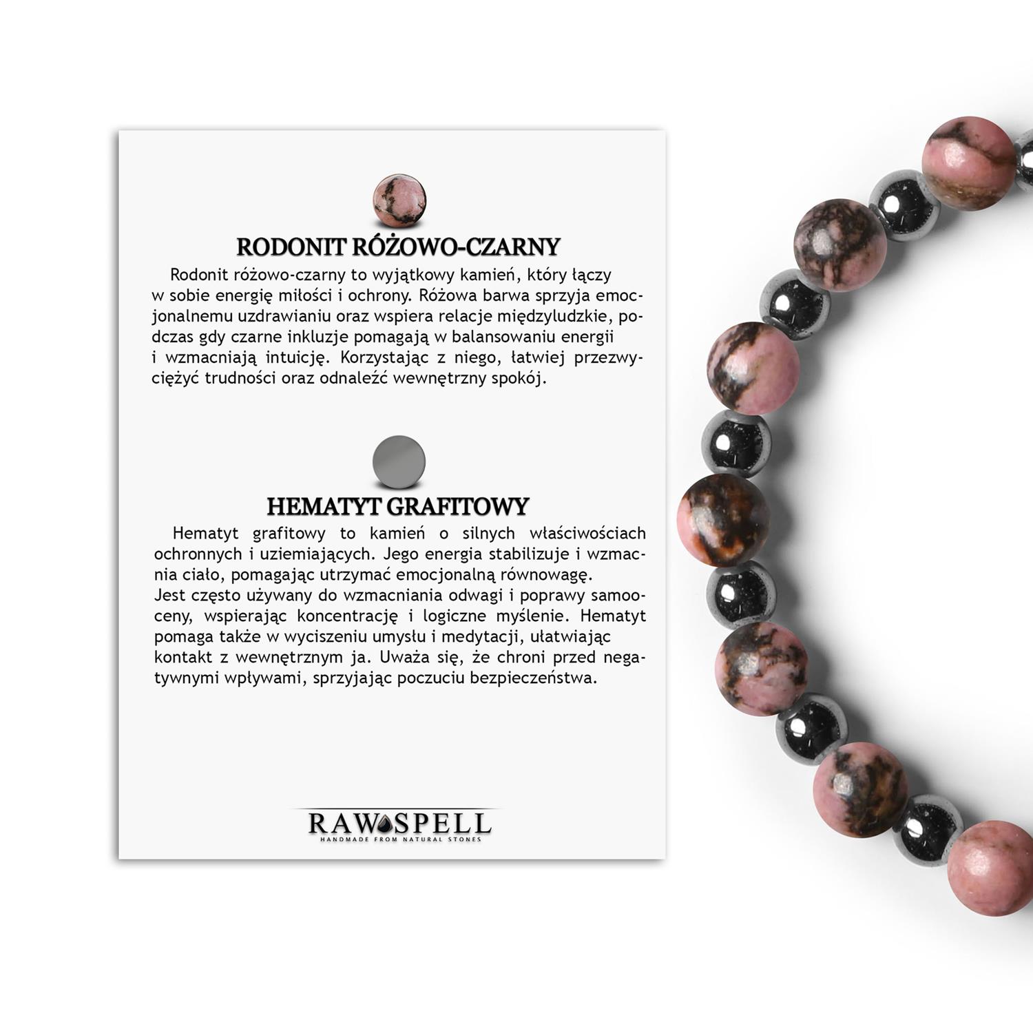 Stylowa bransoletka z gumki Mijaha z rodonitem różowo-czarnym i hematytem grafitowym, dla kobiet Elegancka bransoletka Mijaha z kamieniami naturalnymi: rodonit w odcieniach różu i czerni oraz ciemny hematyt, dla kobiet i mężczyzn.