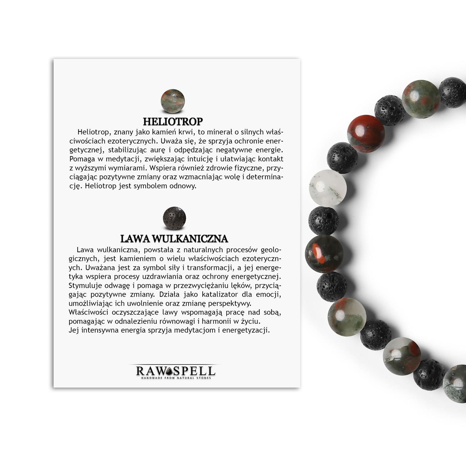 Stylowa bransoletka z kamieni naturalnych Heliotrop oraz Lawa Wulkaniczna na gumce z kolekcji Mijaha dla obu płci Heliotrop - piękny kamień naturalny w otoczeniu lawy wulkanicznej, idealny dla kobiet i mężczyzn ceniących unikalne minerały.