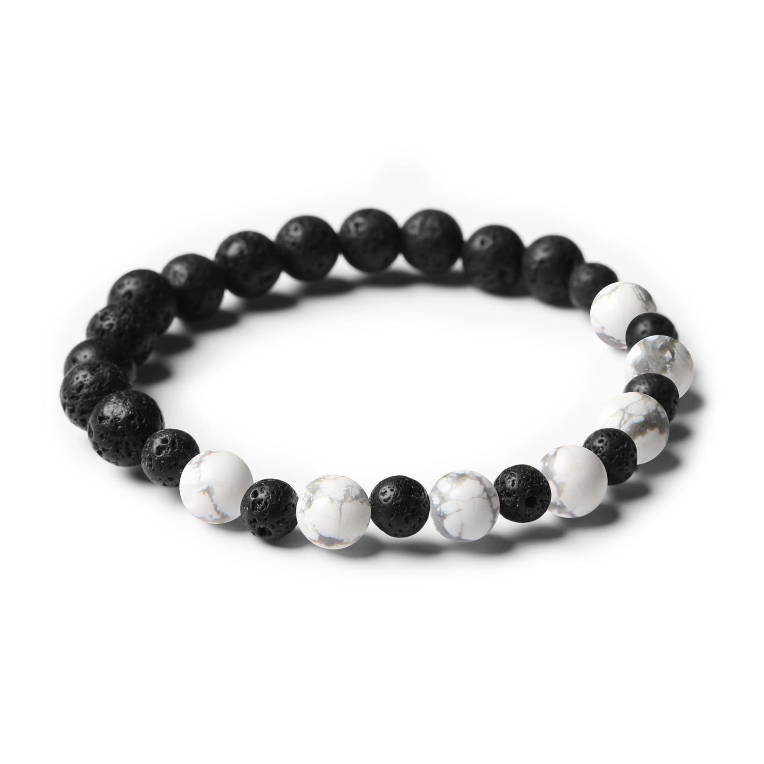 Bransoletka z kolekcji Mijaha wykonana z naturalnych kamieni: Howlit i lawa wulkaniczna, idealna dla kobiet i mężczyzn.