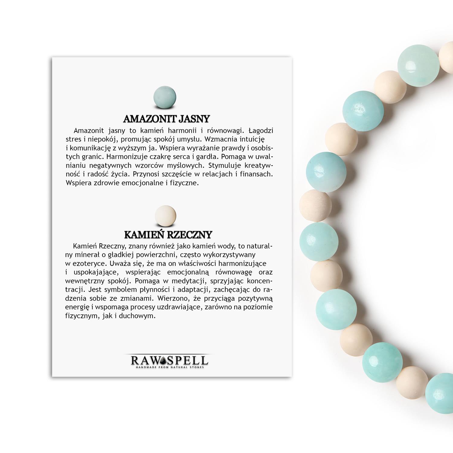 Stylowa bransoletka z kamieni naturalnych na gumce - Amazonit Jasny i Kamień Rzeczny z kolekcji Mijaha Stylowa bransoletka z kolekcji Mijaha, wykonana z jasnego amazonitu i kamienia rzecznego, dedykowana zarówno kobietom, jak i mężczyznom.