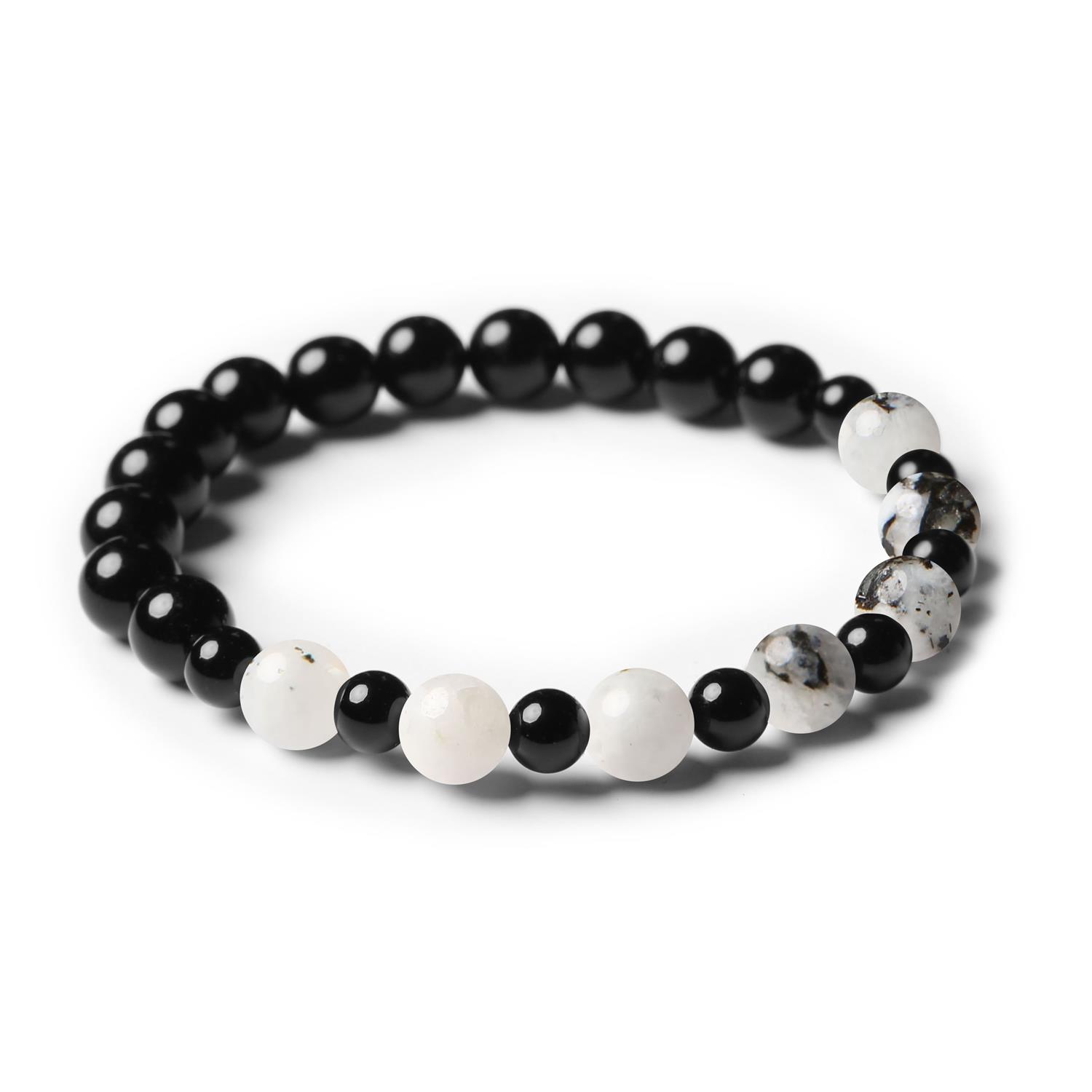 Bransoletka Mijaha wykonana z Kamienia Księżycowego Łaciatego i Onyksu, idealna dla kobiet i mężczyzn