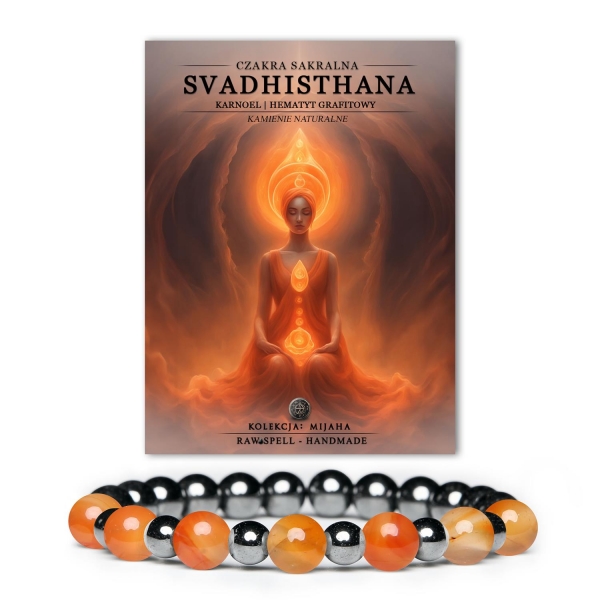 Bransoletka Mijah z hematytem grafitowym i karneolem, aktywująca czakrę sakralną Svadhisthan, idealna na każdą okazję.