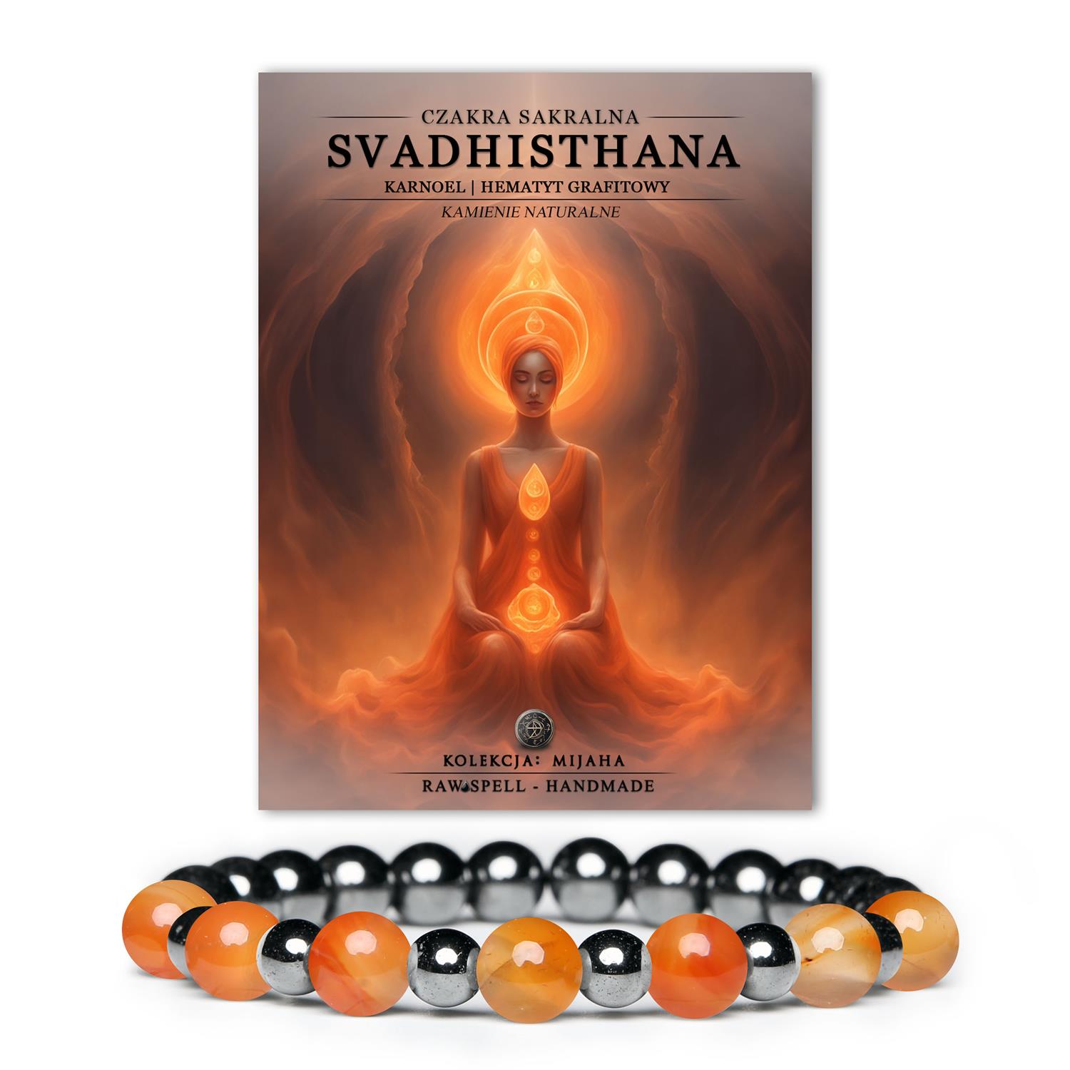 Bransoletka Mijah z hematytem grafitowym i karneolem, aktywująca czakrę sakralną Svadhisthan, idealna na każdą okazję.