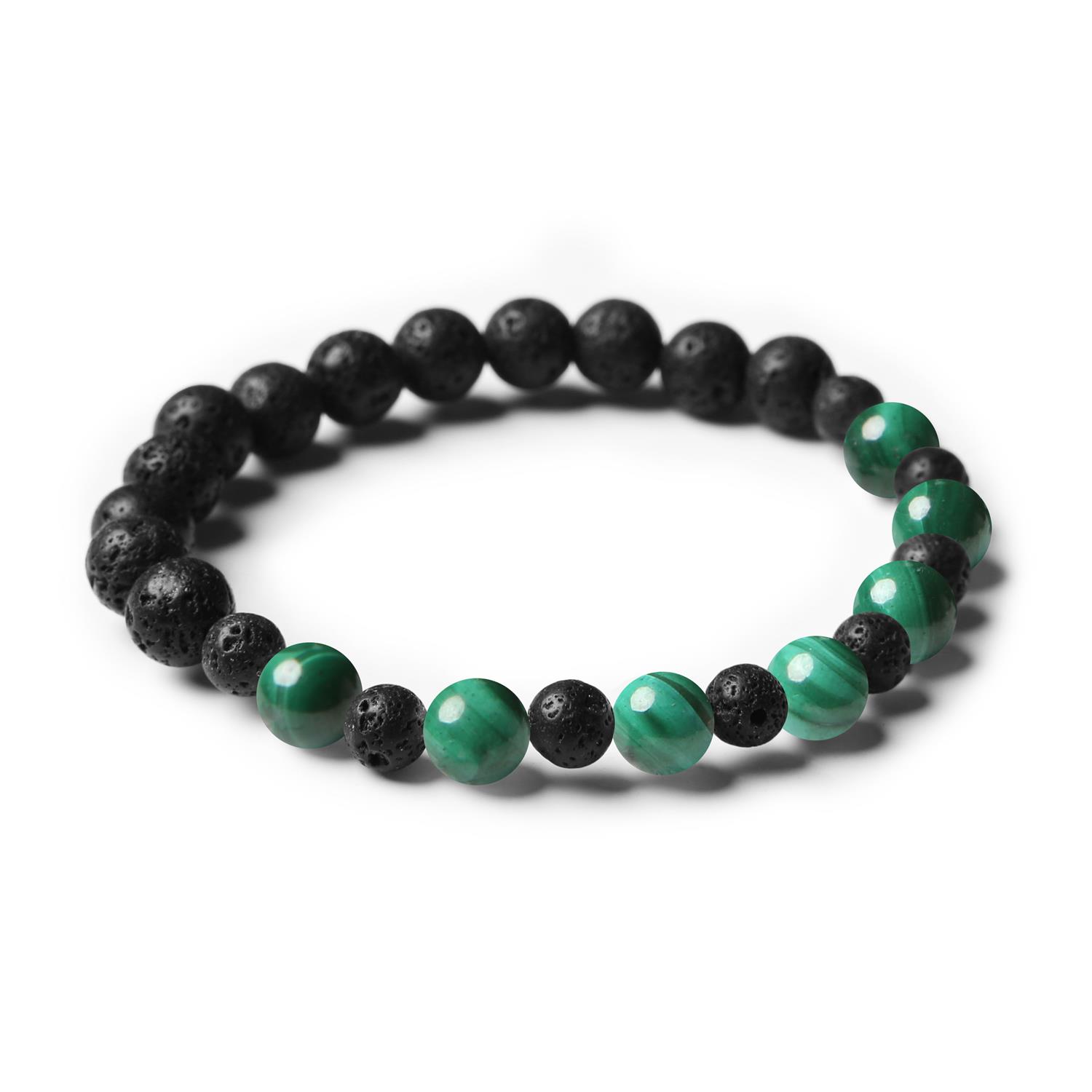 Stylowa bransoletka Mijaha z kamieniami naturalnymi - malachit i lawa wulkaniczna, unisex, dla każdego, kto ceni wyjątkowe dodatki.