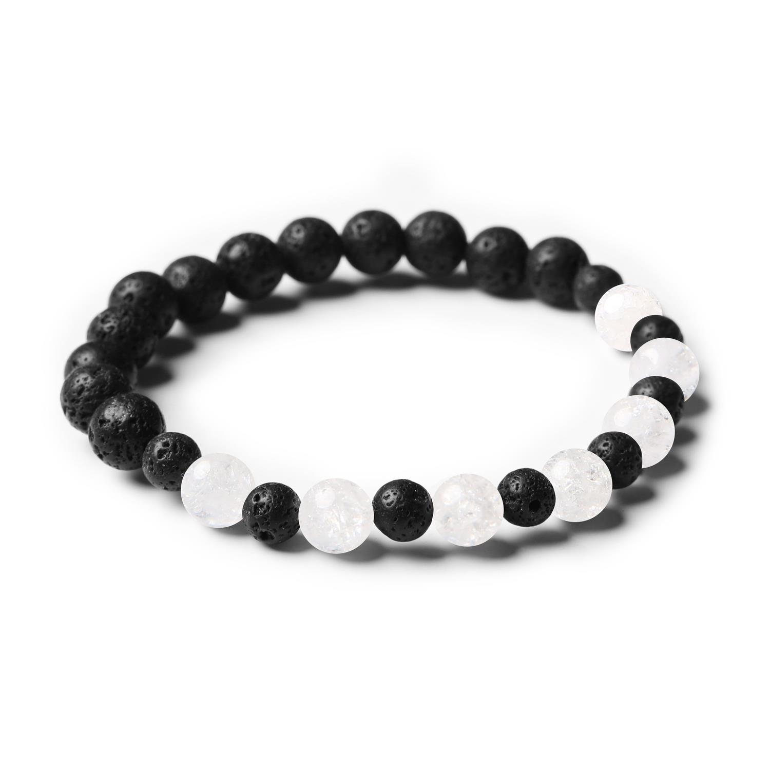 Elegancka bransoletka z kolekcji Mijaha, wykonana z Kryształu Górskiego Lodowego i Lawy Wulkanicznej, uniwersalna dla obu płci.