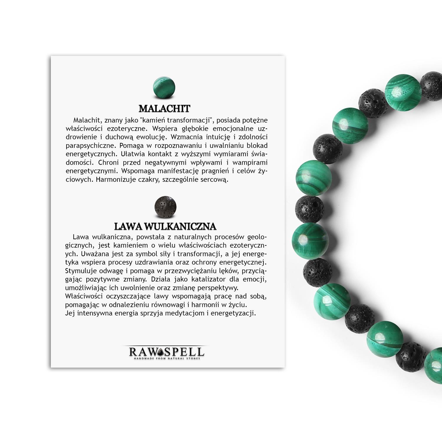 Unikalna bransoletka z kamieni naturalnych na gumce z kolekcji Mijaha, w składzie malachit i lawa wulkaniczna Bransoletka z kolekcji Mijaha z naturalnymi kamieniami: malachit i lawa wulkaniczna, idealna dla kobiet i mężczyzn.