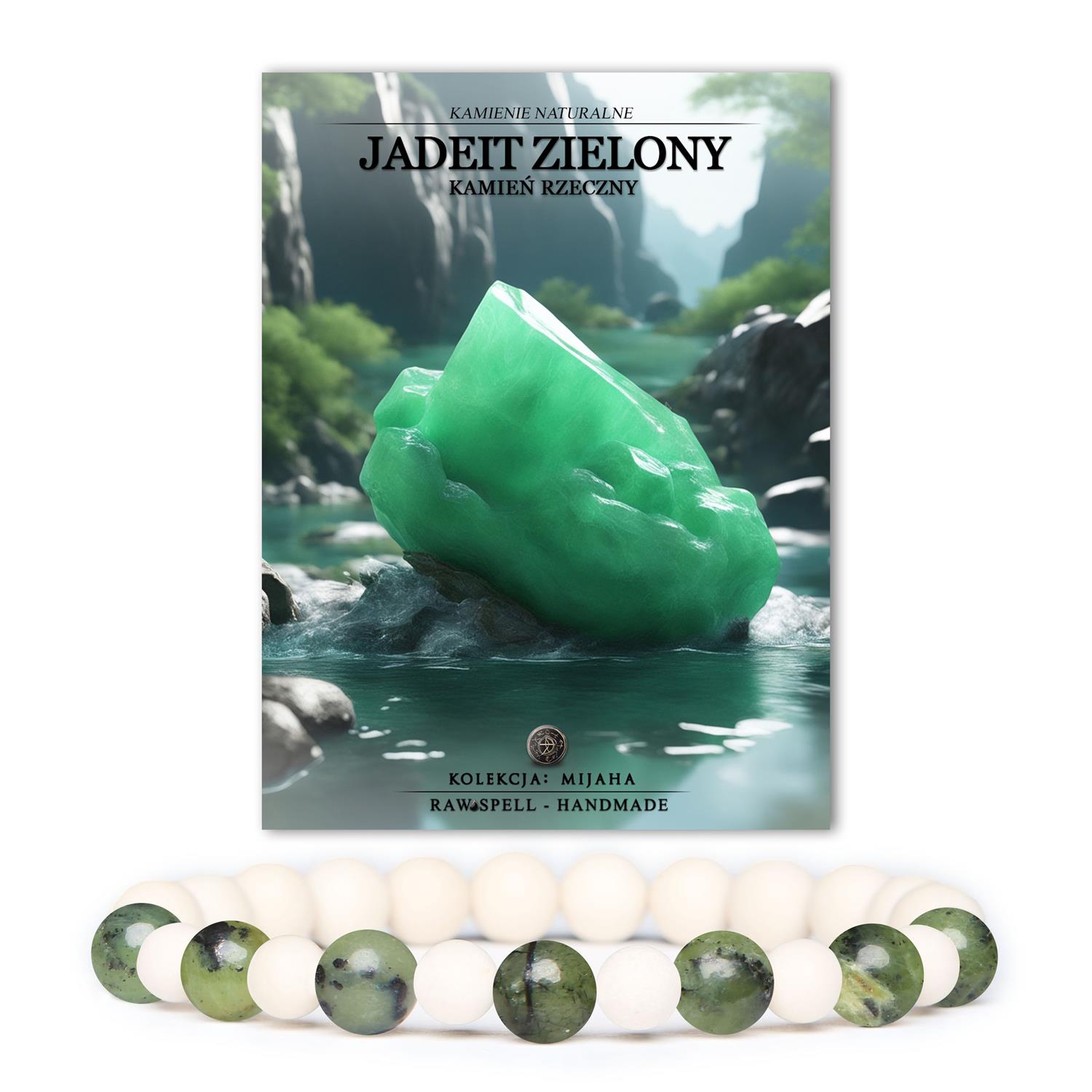 Bransoletka Mijaha z naturalnych kamieni - zielony jadeit i kamień rzeczny, idealna dla kobiet i mężczyzn.