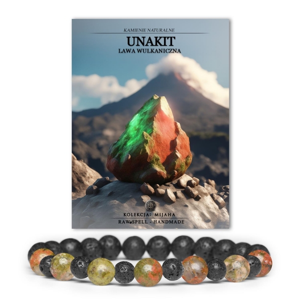 Bransoletka Mijaha z naturalnymi kamieniami unakit i lawą wulkaniczną - elegancki dodatek dla kobiet i mężczyzn.