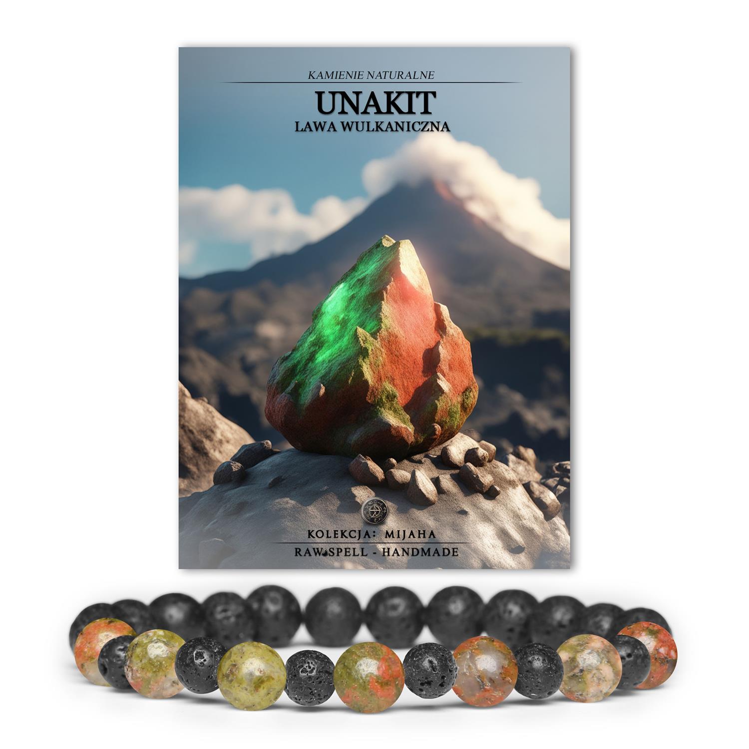 Bransoletka Mijaha z naturalnymi kamieniami unakit i lawą wulkaniczną - elegancki dodatek dla kobiet i mężczyzn.