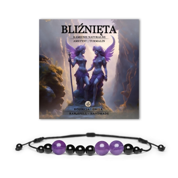 Damska i męska bransoletka z naturalnych kamieni ametystu i turmalinu na sznurku, symbol Zodiaku Bliźnięta – kolekcja Orila, wyjątkowy styl.