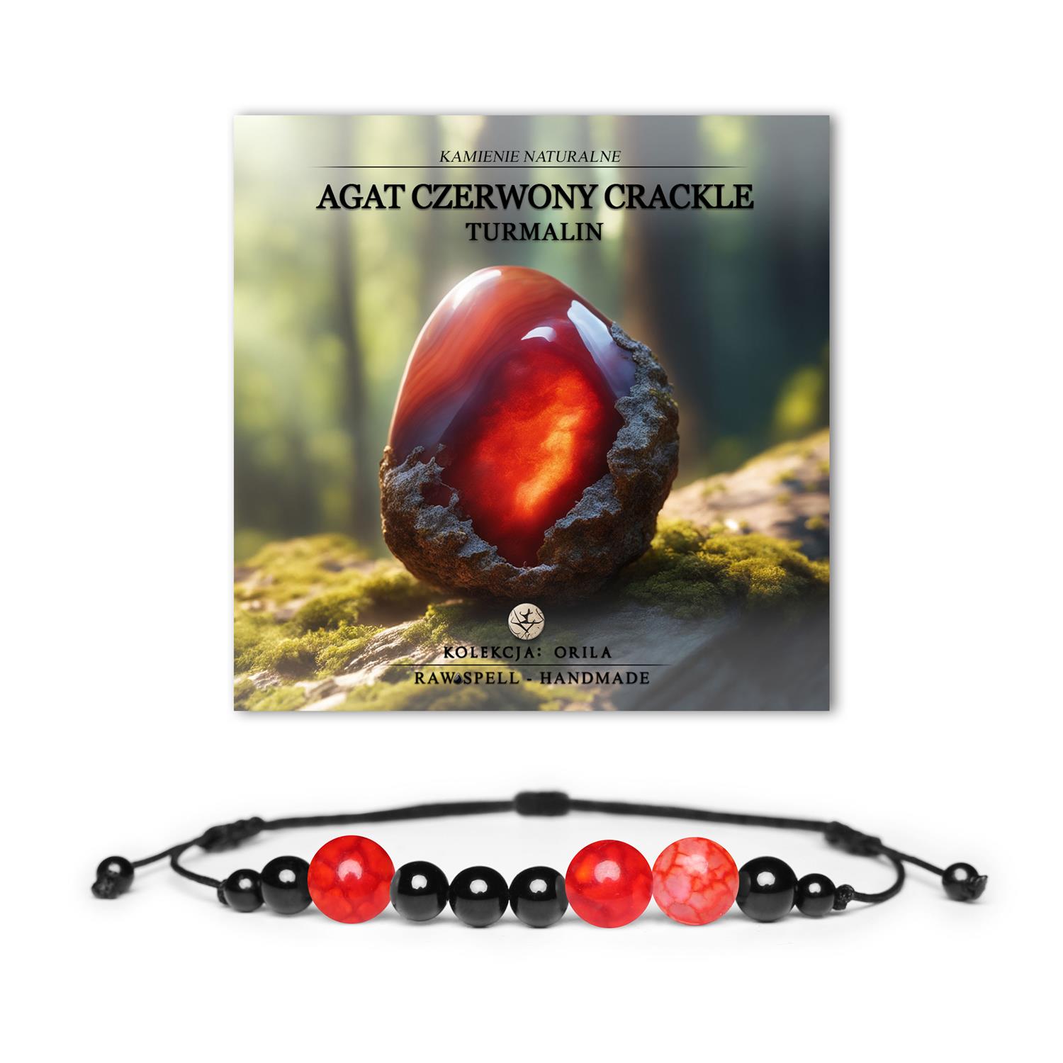Elegancka bransoletka Orila z naturalnymi kamieniami: Agat Czerwony Crackle oraz Turmalin, uniwersalna dla kobiet i mężczyzn.