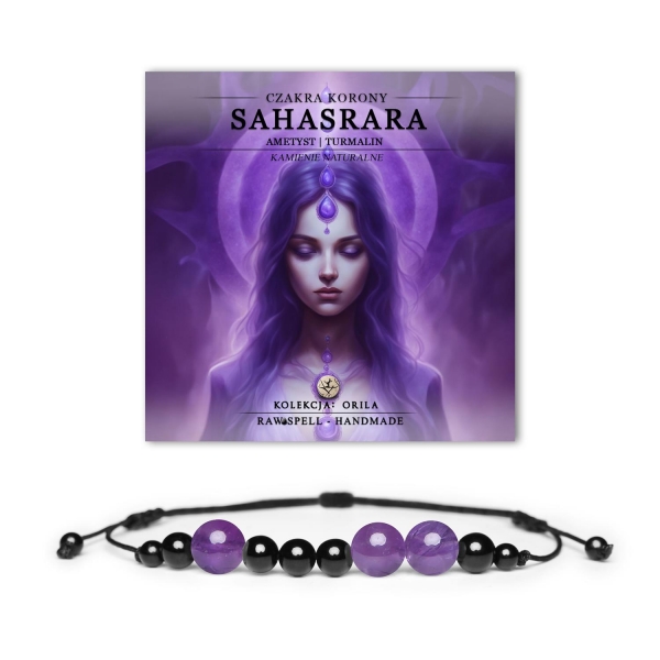Kolekcja Orila: bransoletka z kamieni naturalnych, ametyst i turmalin, symbol czakry korony Sahasrara, piękny i duchowo inspirujący dodatek.