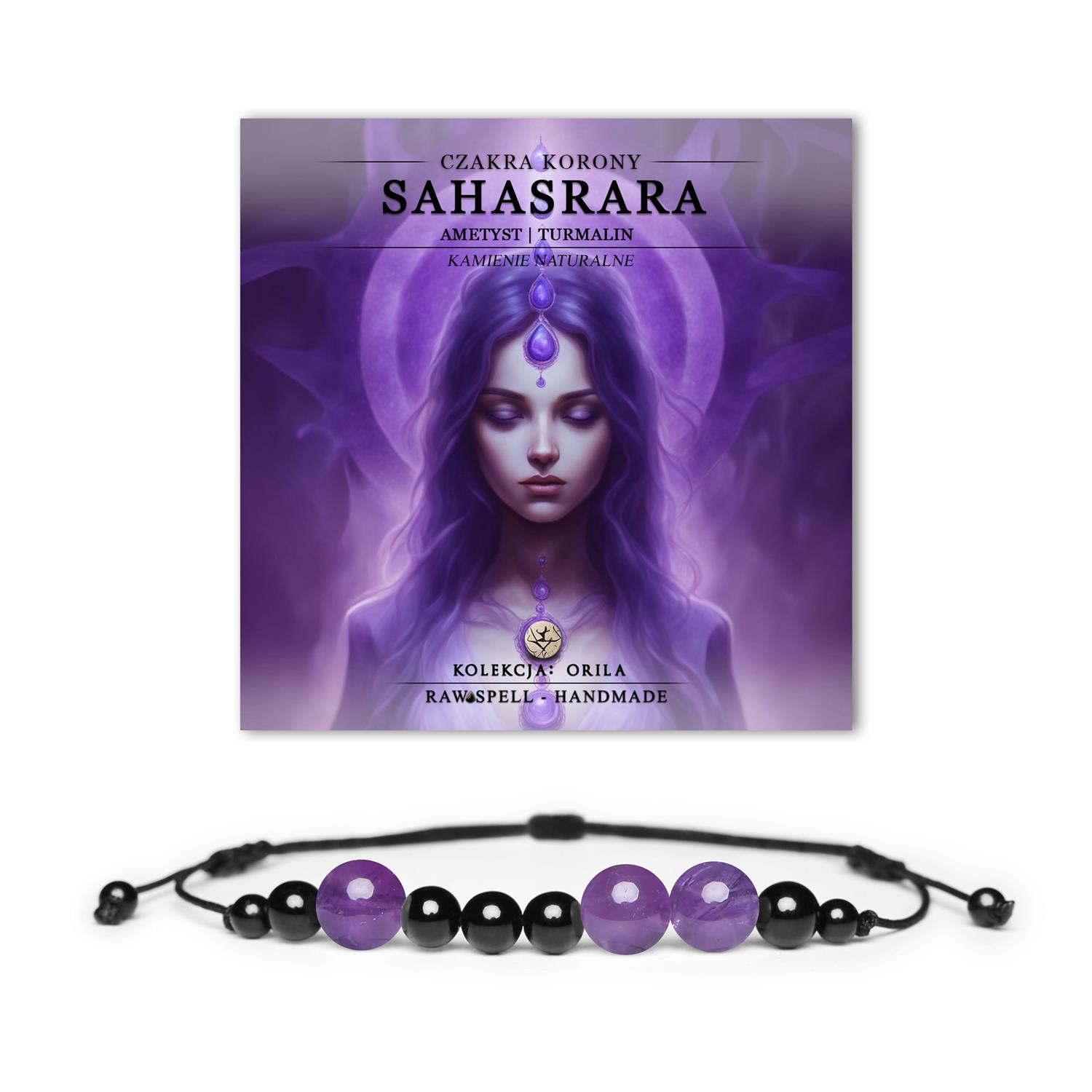 Kolekcja Orila: bransoletka z kamieni naturalnych, ametyst i turmalin, symbol czakry korony Sahasrara, piękny i duchowo inspirujący dodatek.