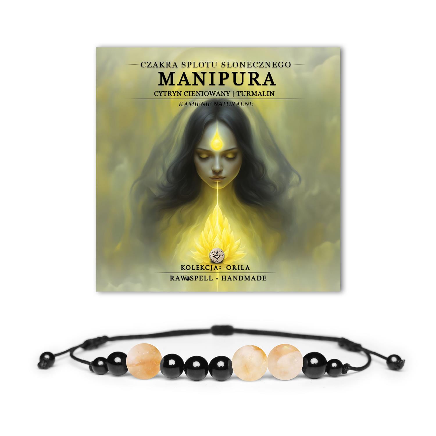 Kolekcja Orila: bransoletka z cieniowanego cytrynu i turmalinu, inspirowana czakrą splotu słonecznego, dla energii i elegancji.