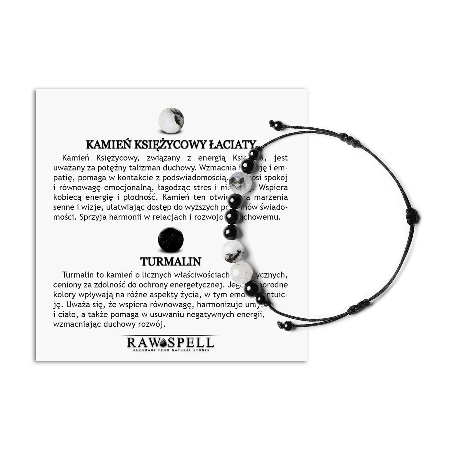 Bransoletka z kamieni naturalnych Orila Kamień Księżycowy Łaciaty Turmalin dla Kobiet i Mężczyzn Naturalna bransoletka z kolekcji Orila, zawierająca kamień Księżycowy Łaciaty i Turmalin, dla kobiet i mężczyzn.