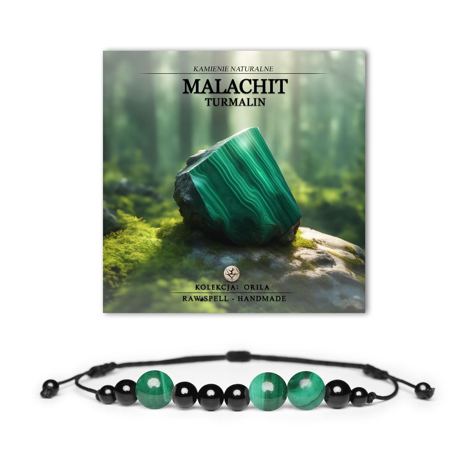 Bransoletka z naturalnymi kamieniami Malachit i Turmalin, część kolekcji Orila, dla kobiet i mężczyzn.