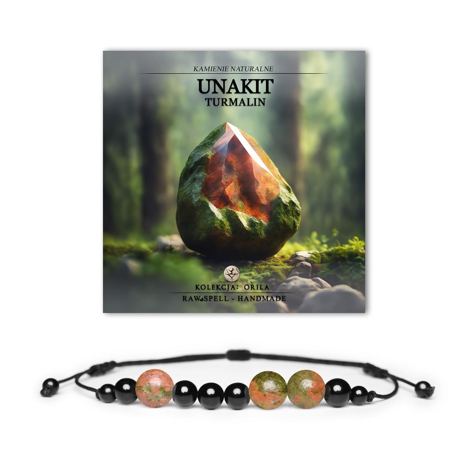 Naturalne kamienie unakit i turmalin w bransoletce Orila, dla kobiet i mężczyzn.