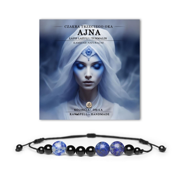 Kolekcja Orila: bransoletka z naturalnych kamieni, symbol czakry trzeciego oka, Lapis Lazuli i turmalin. Idealna dla energii i ochrony.
