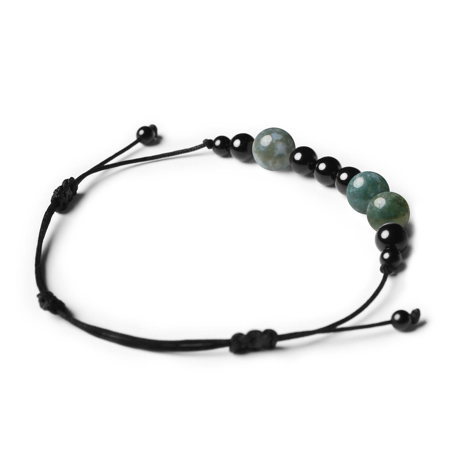 Bransoletka z kolekcji Orila, wykonana z agatów mszystego i turmalinu, odpowiednia dla kobiet i mężczyzn.