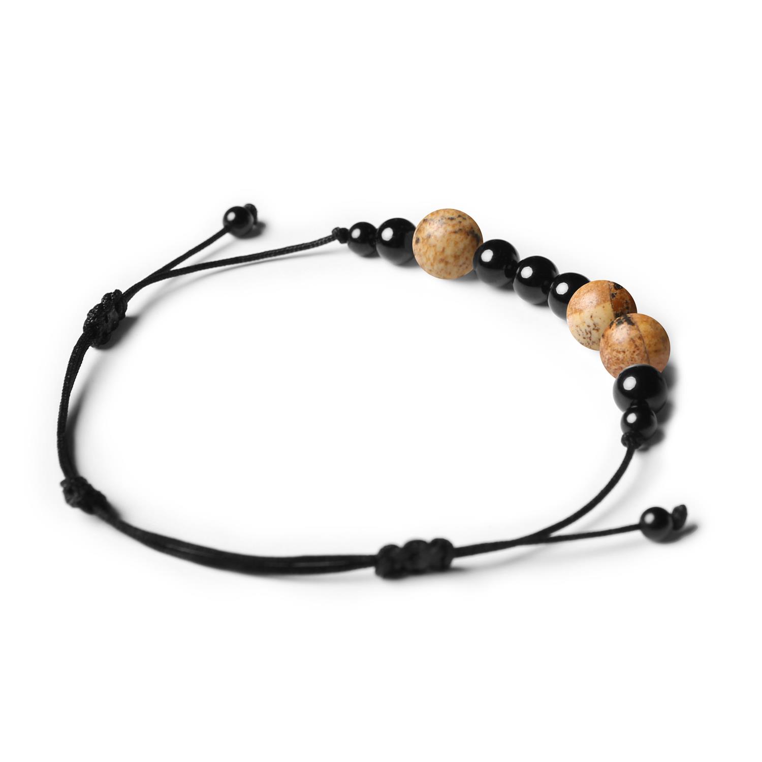 Bransoletka Orila z naturalnymi kamieniami: jaspisem obrazkowym i turmalinem, odpowiednia dla kobiet i mężczyzn.