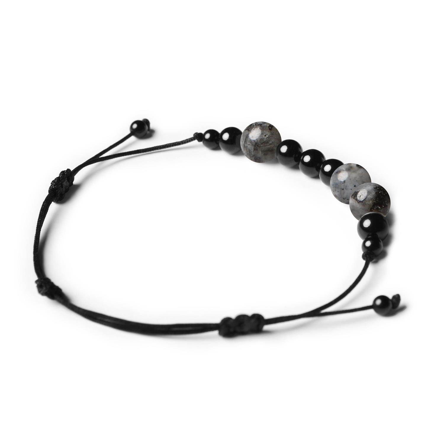 Kolekcja Orila: bransoletka z naturalnych kamieni larvikit i turmalin, dla kobiet i mężczyzn.