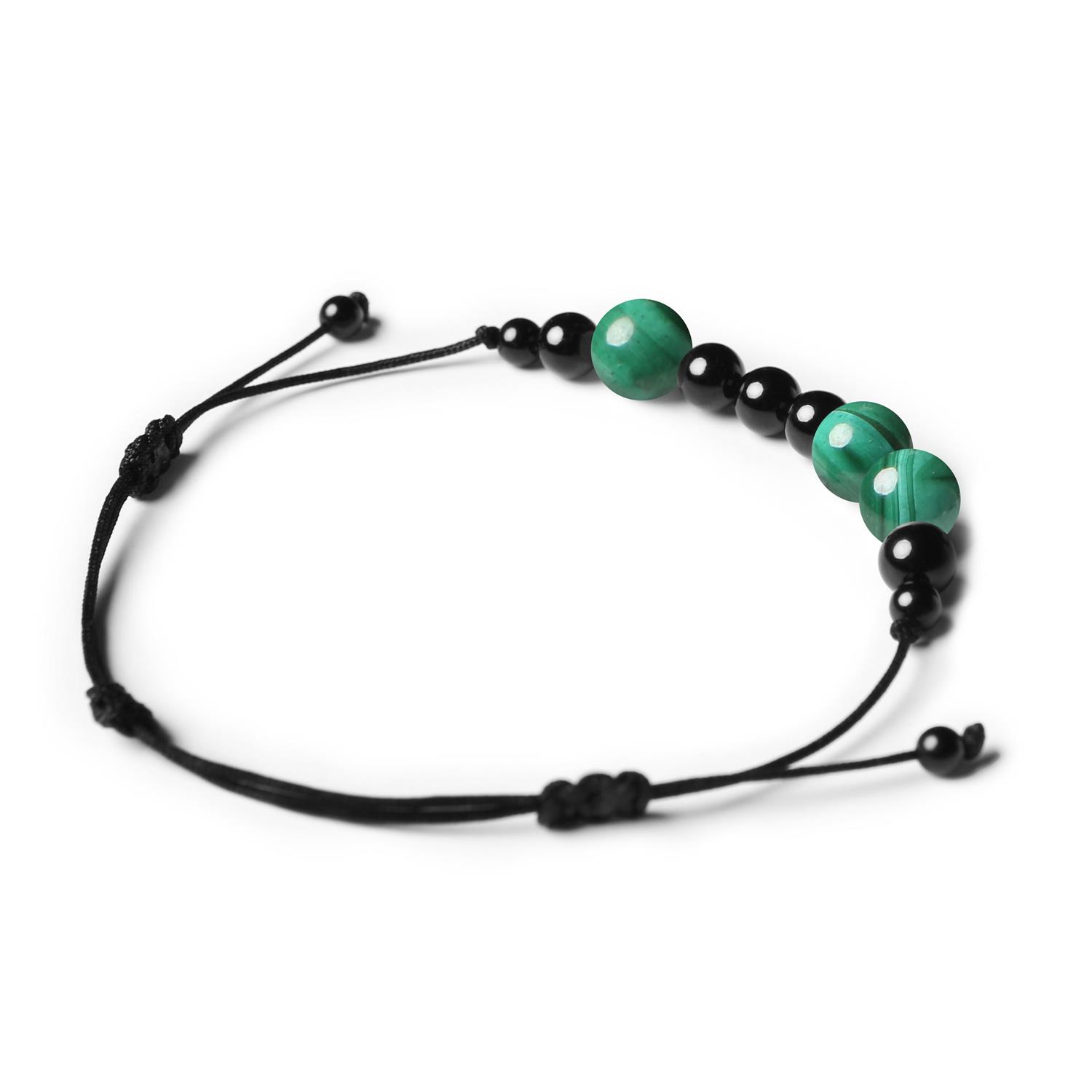 Kolekcja Orila: bransoletka z naturalnymi kamieniami Malachit i Turmalin, przeznaczona dla kobiet i mężczyzn.