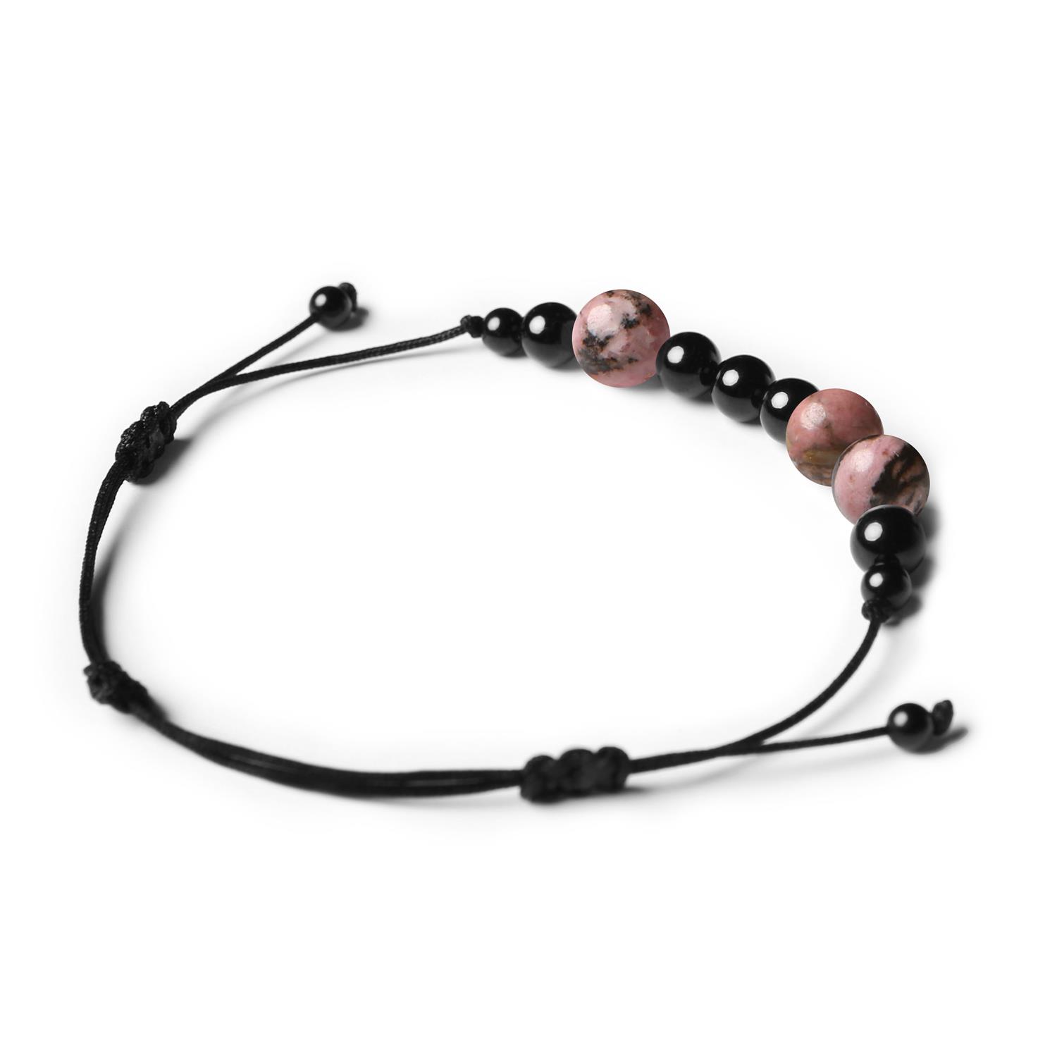 Kolekcja Orila: bransoletka z naturalnym rodonitem różowo-czarnym i turmalinem, uniwersalna dla kobiet i mężczyzn.