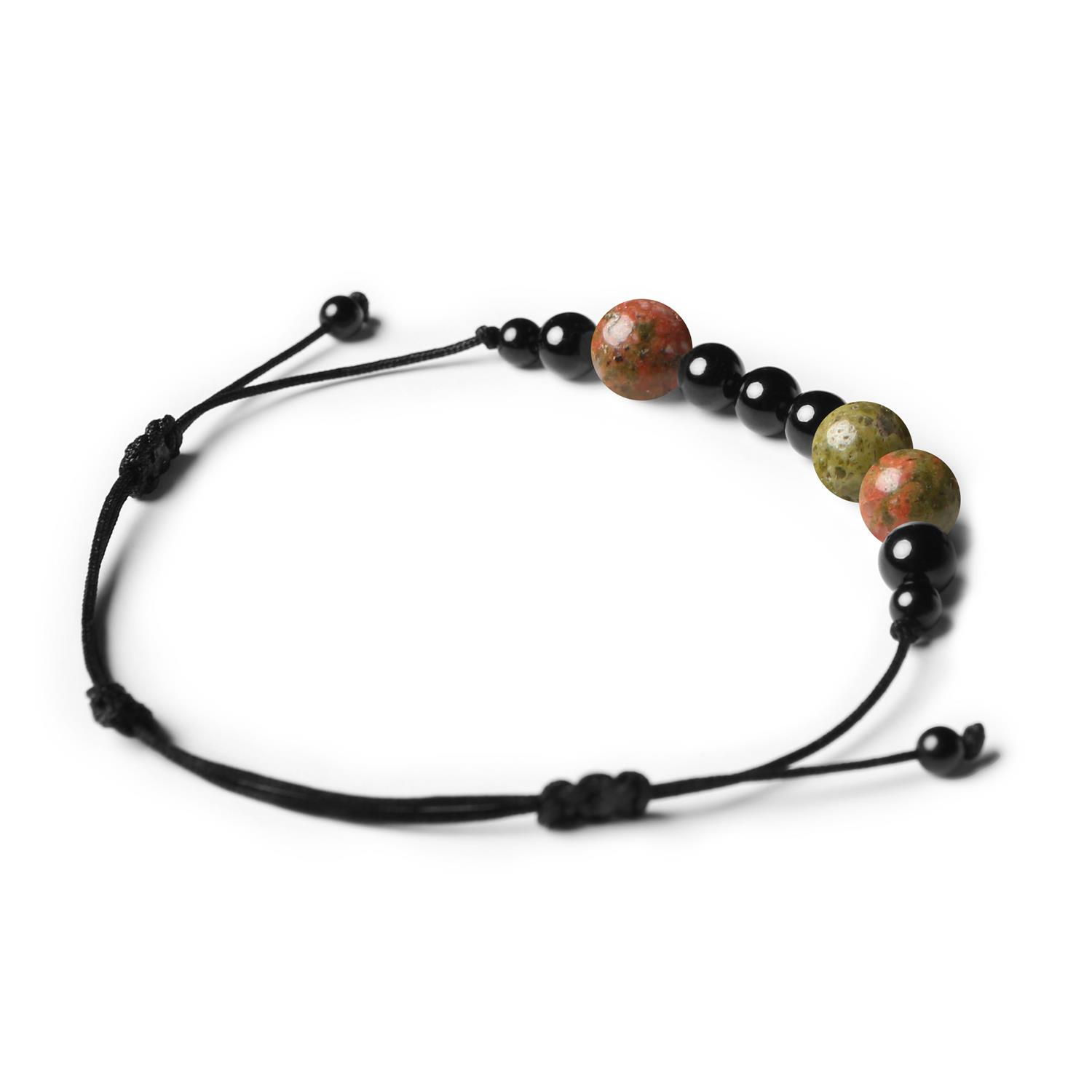 Bransoletka z kolekcji Orila, kamienie unakit i turmalin, odpowiednia dla kobiet i mężczyzn.