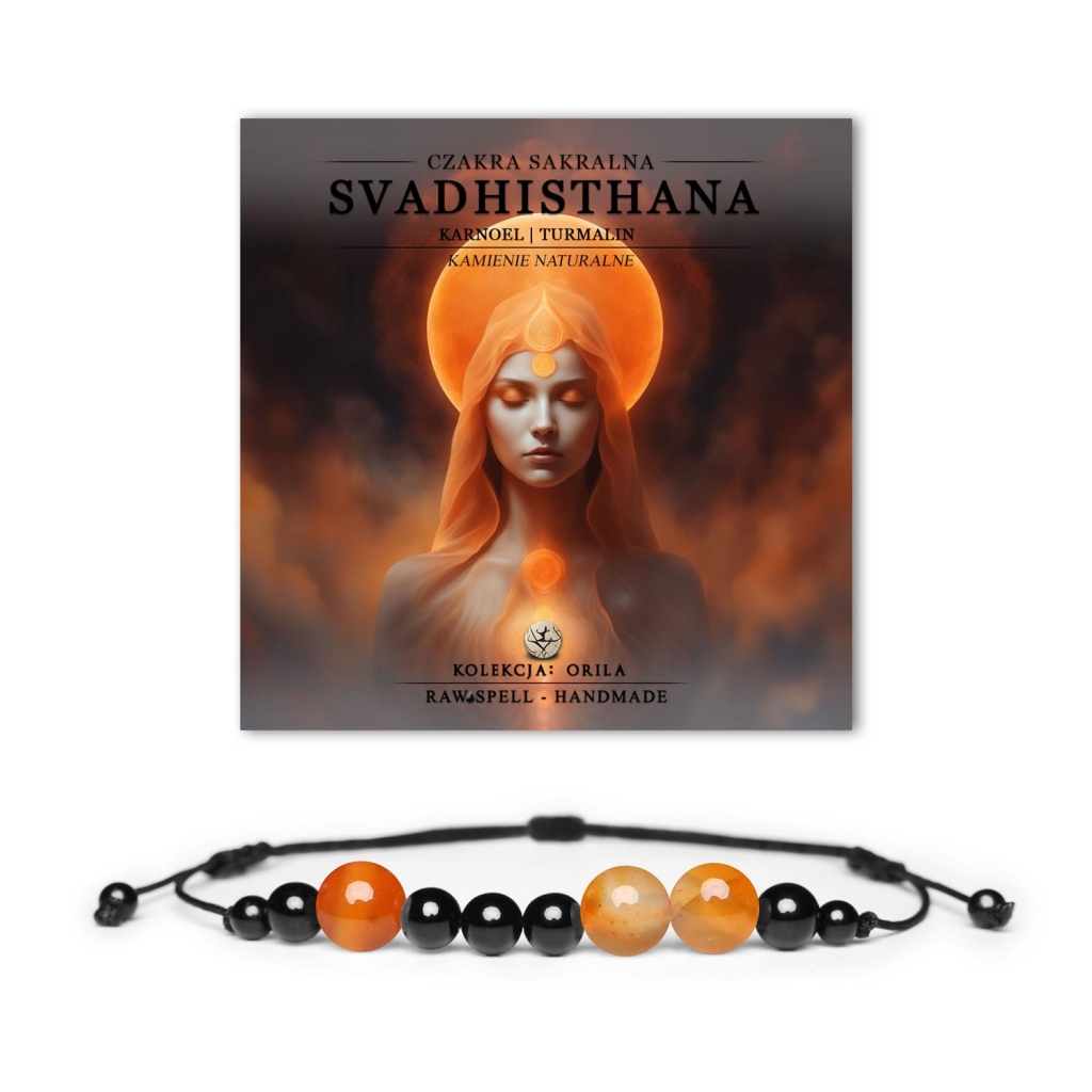Bransoletka z kamieni naturalnych z czakrą sakralną Svadhisthan i karneolem, z kolekcji Orila, ozdobiona turmalinem. Naturalna bransoletka z kamieni, symbol czakry sakralnej Svadhisthan, z karneolem i turmalinem. Kolekcja Orila dla harmonii i energii.