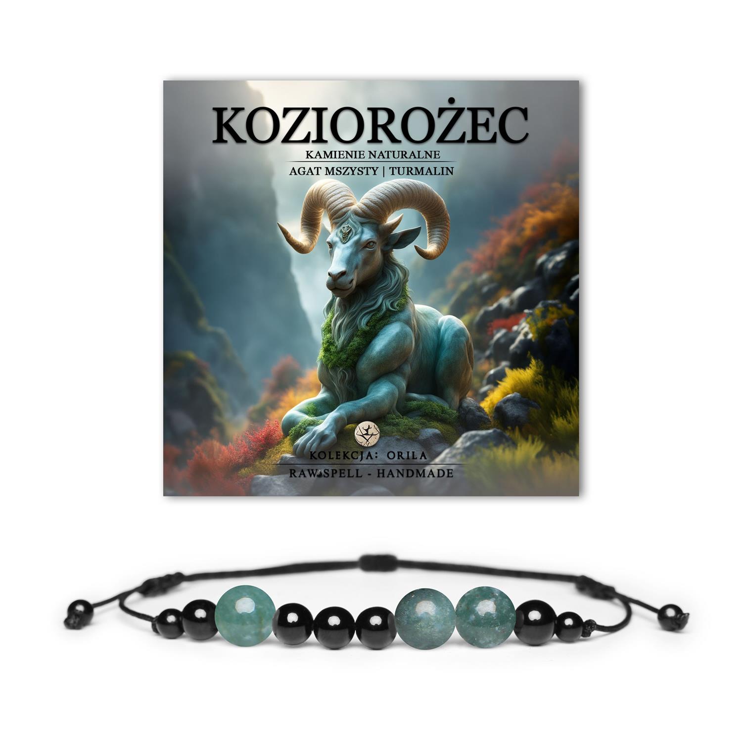 Naturalna bransoletka na sznurku z kamieniami Agat Mszysty i Turmalin, dla Koziorożca. Uniwersalna biżuteria damska i męska.