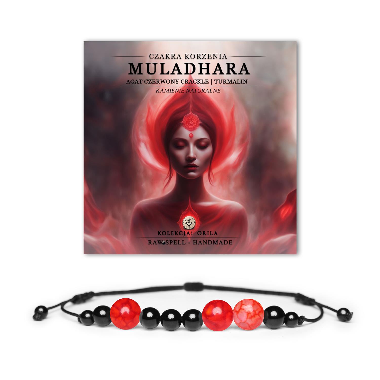 Kolekcja Orila: bransoletka z kamieni naturalnych, Czakra korzenia, Agat Czerwony Crackle i Turmalin, symbol siły i równowagi.