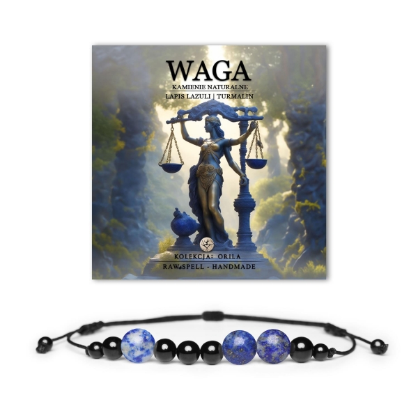 Kolekcja Orila: bransoletka na sznurku z kamieni Lapis Lazuli i Turmalin dla Wagi. Damska i męska biżuteria z naturalnych kamieni.